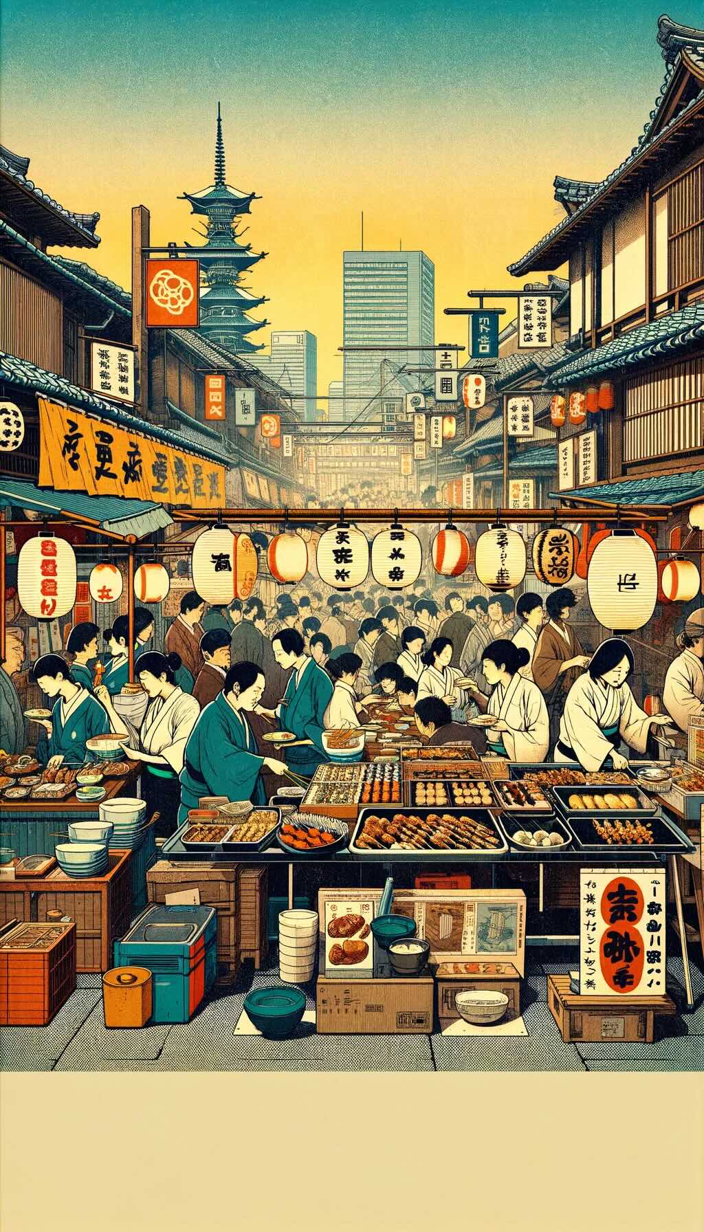 Osaka's street cuisine portrays the lively atmosphere of street food stalls and the communal spirit of the city, embodying the concept of 'kuidaore' - eating until you drop. The scene reflects Osaka's historical roots and its love for delicious, hearty food