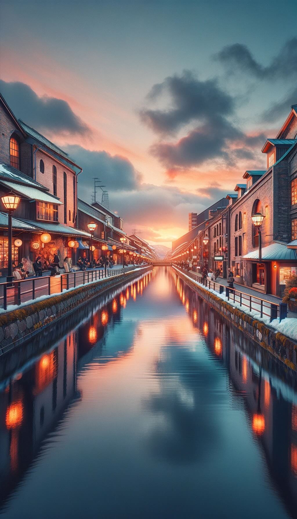 Otaru Canal in Hokkaido, Japan, capturing the canal's rich history, romantic allure, and the picturesque tableau during sunset with vintage warehouses along the waterway, the romantic gas lamps, and people enjoying the serene atmosphere, conveying nostalgia, romance, and relaxation