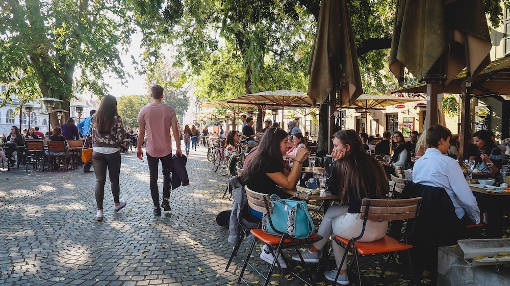 Outdoor cafe scene in Ljubljana, Slovenia 