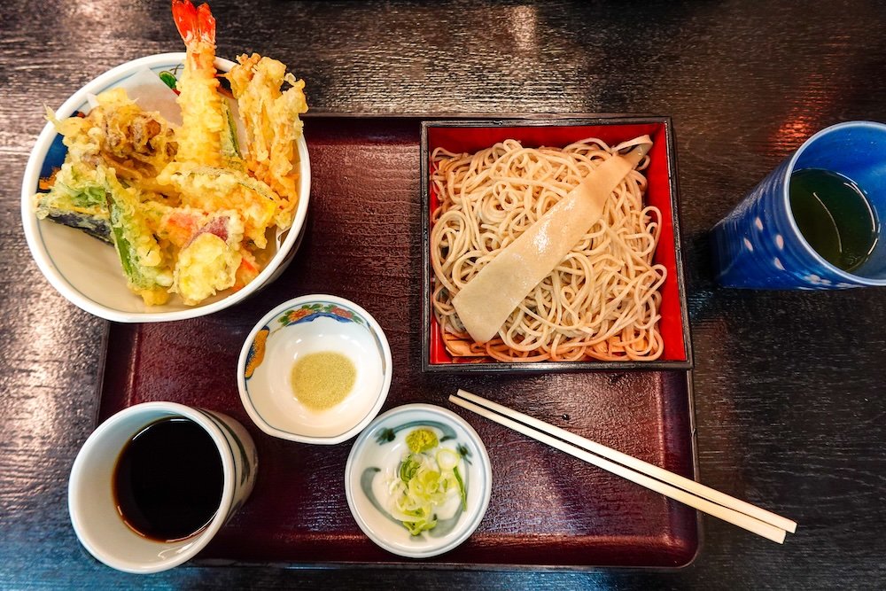 overhead view of our Soba and Tempura Lunch in Nagano City, Japan