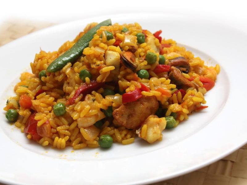 Paella served on a plate 