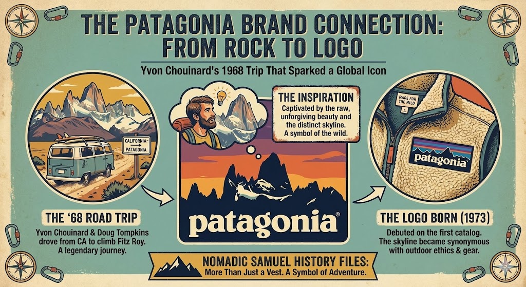Retro infographic explaining the connection between Mount Fitz Roy and the Patagonia brand logo, featuring Yvon Chouinard's 1968 road trip from California to climb the massif