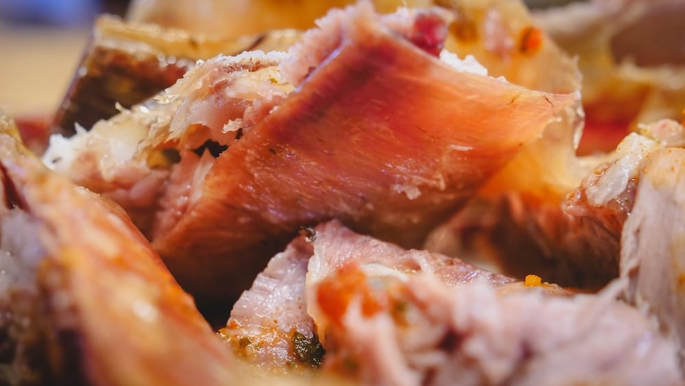 Macro close-up of Patagonian lamb bones and rendered fat from cordero al asador in Argentina, showing crispy exterior fat, tender interior meat, and exposed bone structure that highlights the rich flavor and low meat yield of traditional lamb cuts