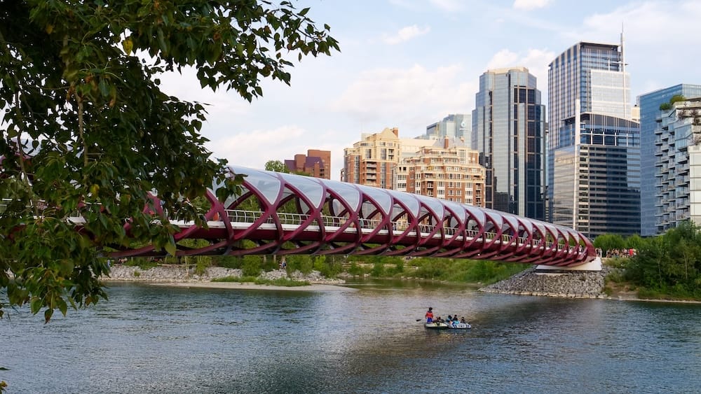 Peace Bridge seen from the riverside path, Calgary, Alberta, Canada The red helical Peace Bridge spans the Bow River in Calgary, Alberta, Canada, seen from the riverside walking path with a raft of people passing beneath it and downtown high-rises behind.