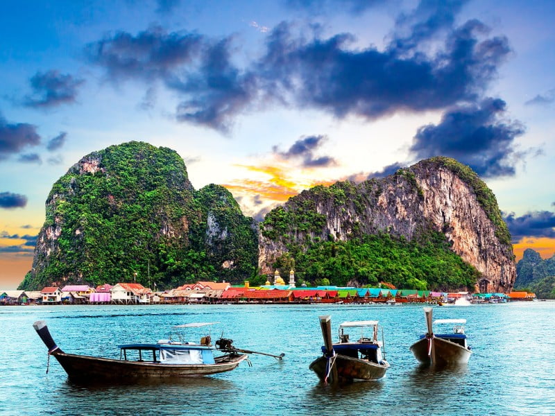 Phuket scenic views with mountains and boats in the background in Thailand 
