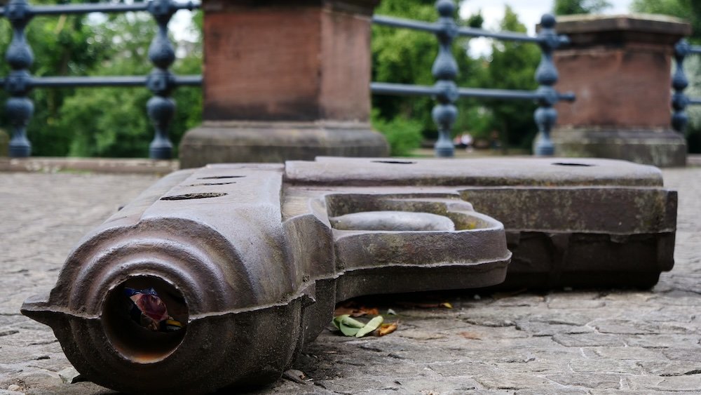 Pistol sculpture art installation in Dusseldorf, Germany 