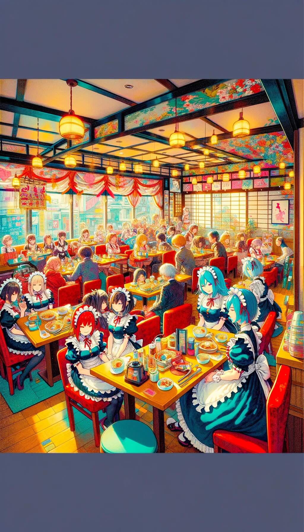 Portrays the colorful and immersive world of character or anime-themed cafes in Japan, capturing the whimsical and affectionate atmosphere of these unique establishments