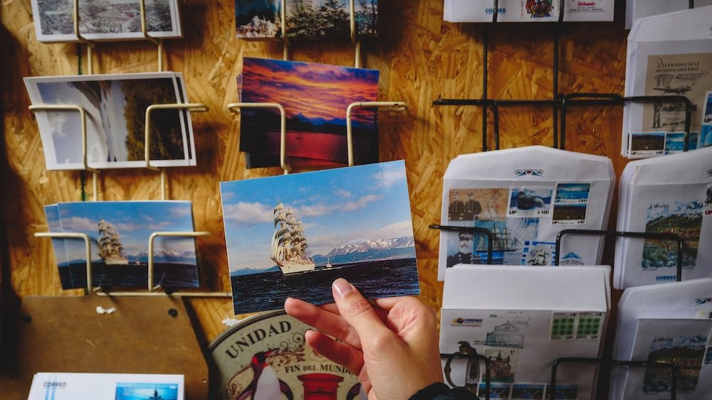 Postcard souvenirs in Tierra del Fuego National Park, Ushuaia, Argentina 