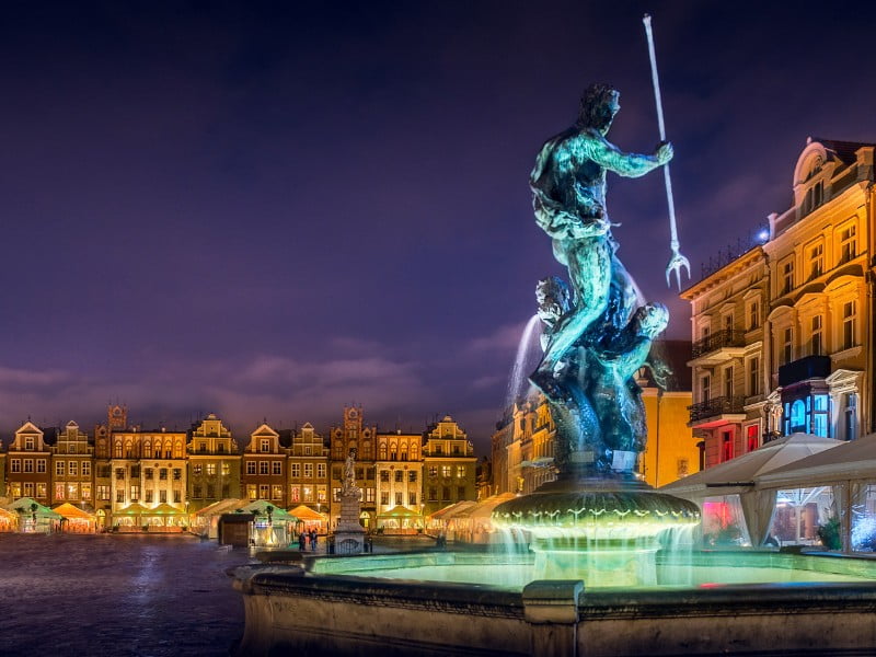 Poznan fountain at night in Poland 