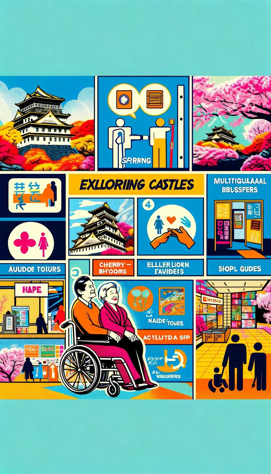 Practical tips for exploring castles in Japan. The image vividly illustrates the best times to visit, with tourists enjoying cherry blossoms in spring and autumn foliage. It also highlights accessibility features for elderly or differently-abled visitors and showcases amenities like guided tours, audio guides, multilingual brochures, shops, cafes, and restrooms, making it a vibrant and informative guide for a comfortable and enriching castle exploration experience in Japan