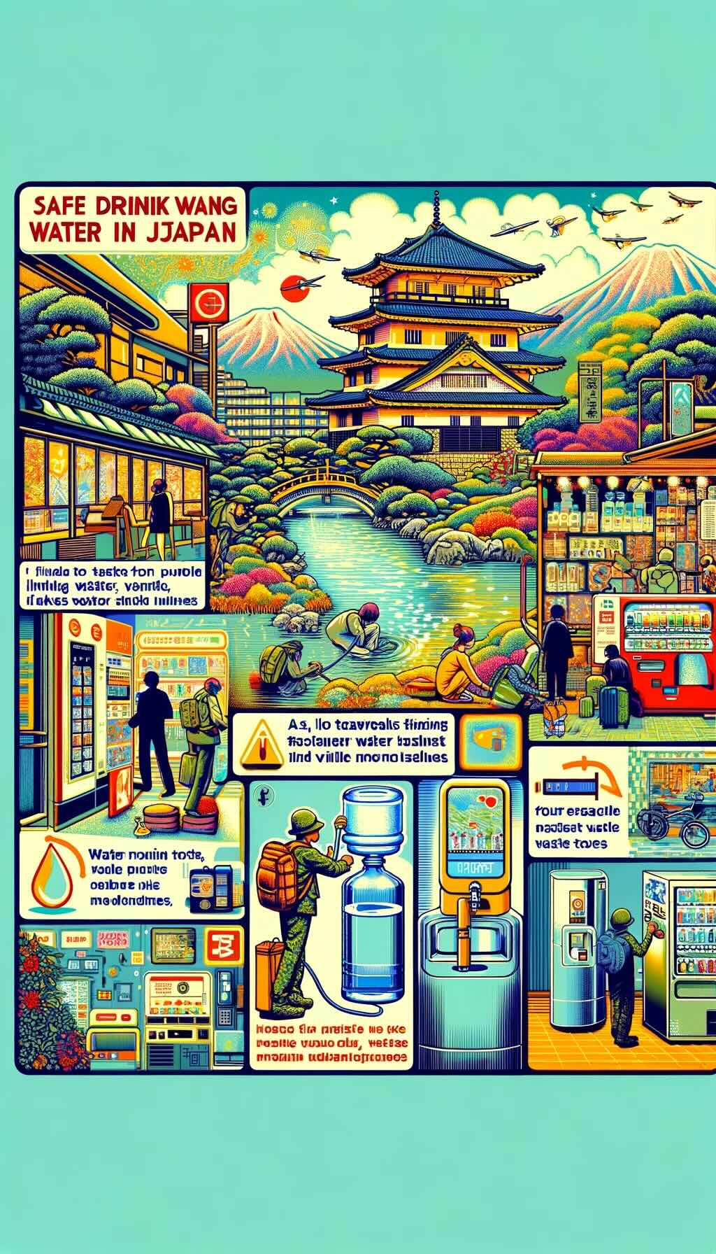 Practical tips for tourists on locating safe drinking water sources in Japan depicts travelers finding potable water in hotels, restaurants, public facilities, and vending machines illustrates the use of water purification tools for those venturing into remote areas and emphasizes the importance of staying hydrated, showing travelers with reusable water bottles exploring various Japanese settings conveys the message of safe hydration practices in Japan for tourists.
