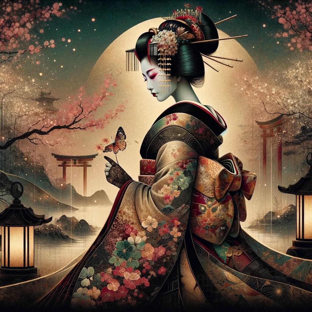 Profound beauty and significance of Geisha culture symbolically represents the essence of Geisha tradition, featuring a Geisha in a beautifully designed kimono against a backdrop that blends traditional Japanese elements. The artwork conveys a sense of reverence and admiration for the Geishas as custodians of Japan's cultural legacy.