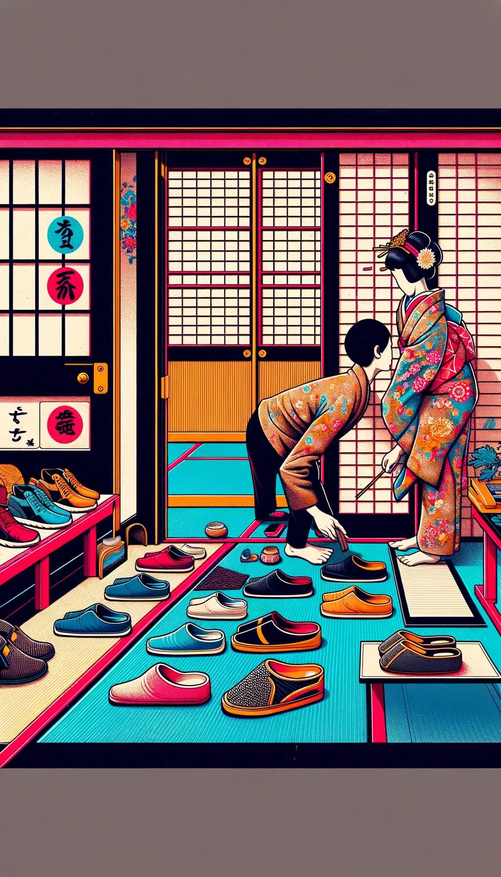Proper etiquette of shoe removal in Japanese culture. It depicts scenes in a genkan (entryway), showing the careful removal and neat placement of shoes facing the door, and the use of slippers for indoor areas. Elements demonstrating the respect and mindfulness involved in this process are included, as well as the use of special slippers like guest slippers and toilet slippers. The modern and abstract style emphasizes the significance of this etiquette in Japanese customs and the attention to detail required in this practice.