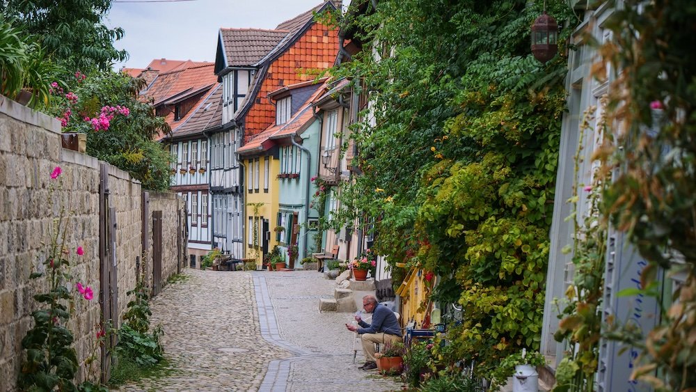 Quedlinburg distinct street scene in the old town area in Germany 