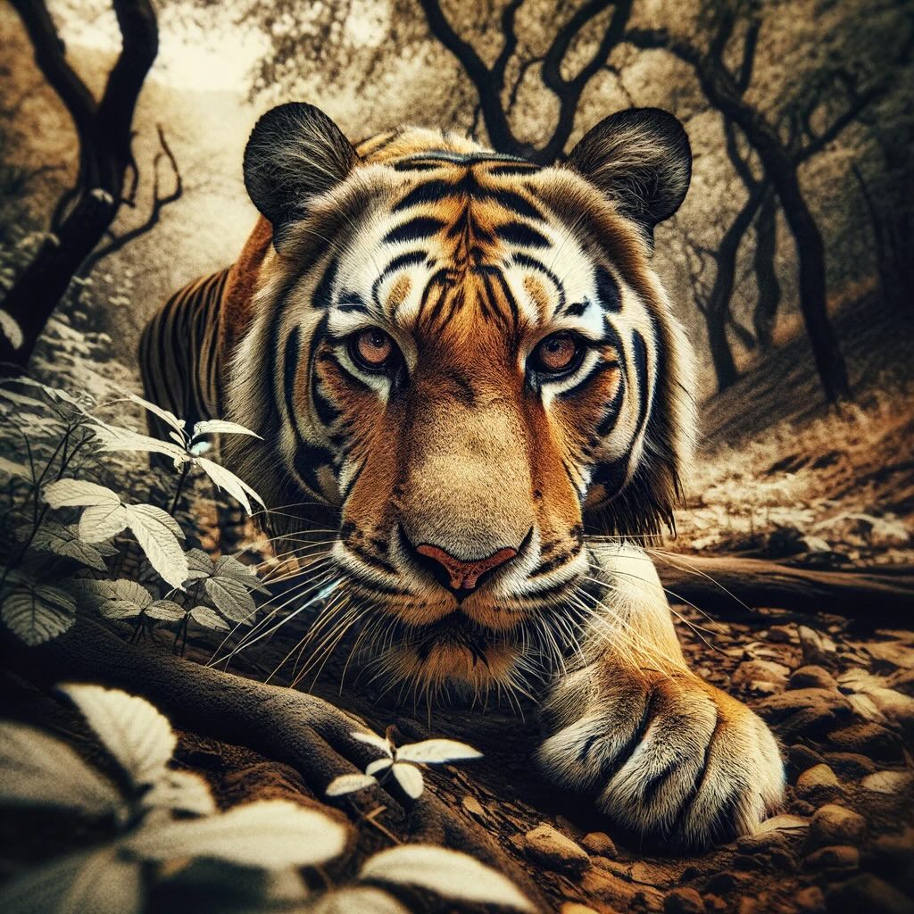 Ranthambore National Park, focusing on a majestic tiger in its natural habitat. Rendered in greyscale with a retro fade effect, this close-up invites you into an intimate encounter with the wild beauty and untamed spirit of Ranthambore.
