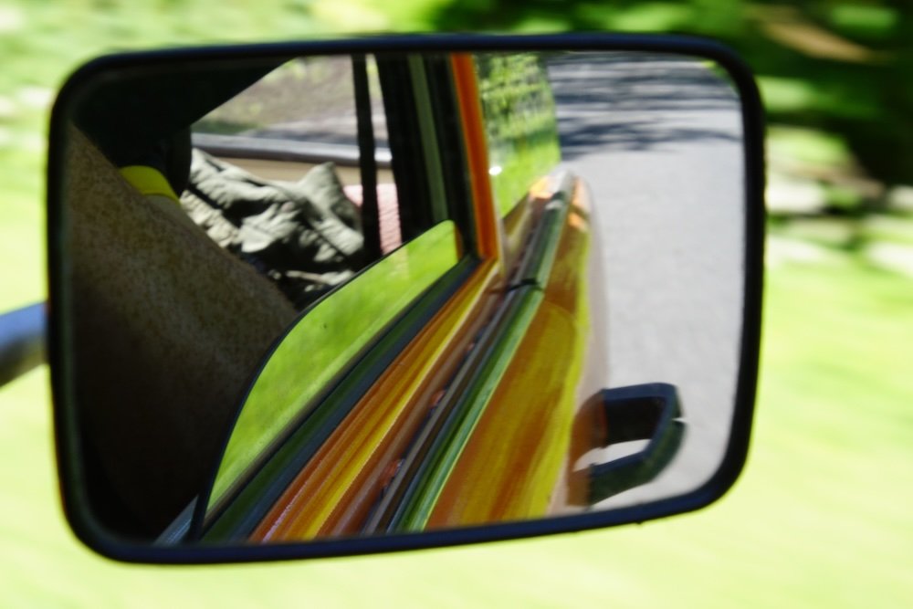 Rearview mirror getting around Rugen Island by e-trabi trabant 