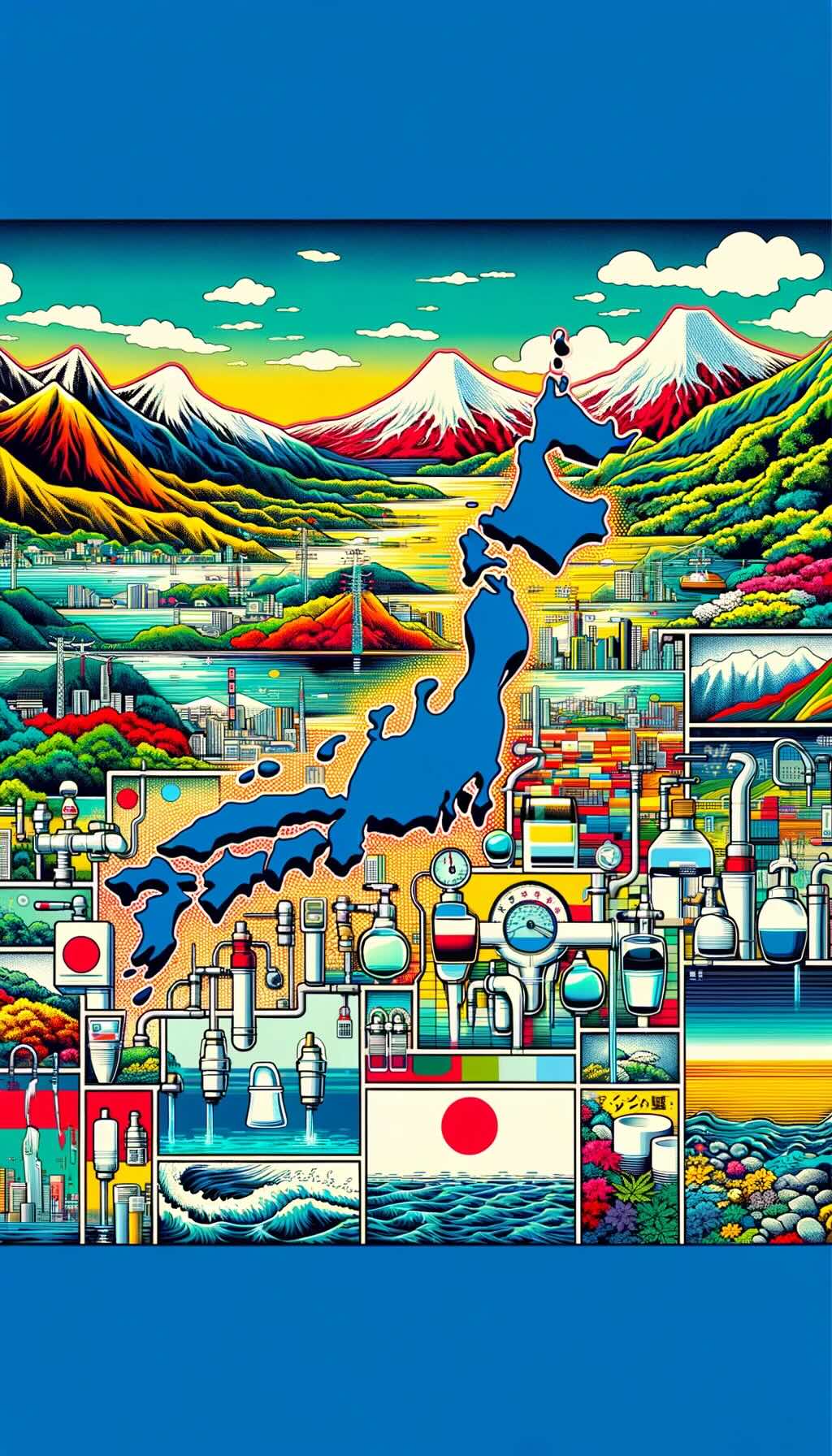 Regional differences in tap water quality across Japan depicts the diverse landscapes of Japan, from the mountains of Hokkaido to the beaches of Okinawa, and illustrates their influence on the tap water quality. The artwork shows areas like Tokyo, Kyoto, and Sapporo, where the tap water is particularly pure and a source of local pride. It also highlights regions where travelers might need to exercise caution with tap water, especially in remote or rural areas. The image captures the mosaic of water tastes and qualities in Japan, emphasizing the areas where tap water is not just safe but a delightful experience, and areas where caution is advised. The artwork is visually engaging, showcasing the variety and safety of tap water in Japan.