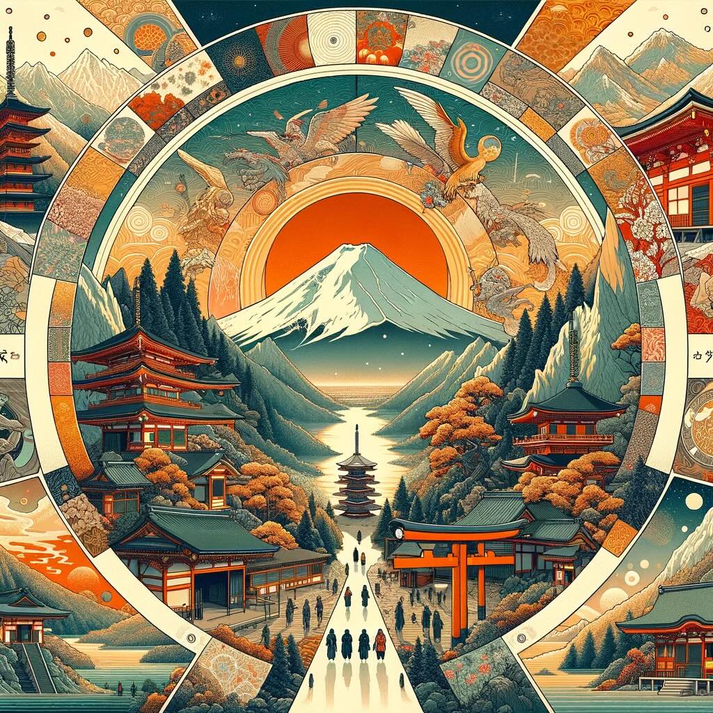 Remarkable journey across Japan's legendary mountains, encapsulating key moments of the adventure in a square format. It portrays the spiritual ascent of Mount Koya, the rugged beauty of the Northern Alps, the reflective summit of Mount Fuji, the historical paths of Kumano Kodo, the untamed landscapes of Daisetsuzan National Park, and the serene ancient forests of Yakushima conveys the beauty, challenges, and serenity experienced during this 12-day trek.