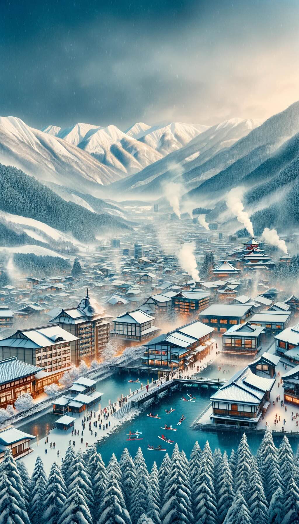 Representation of Nagano, Japan, during winter, showcasing its snow-covered mountains, traditional hot springs, and charming towns, embodying the essence of Nagano as a winter destination. 