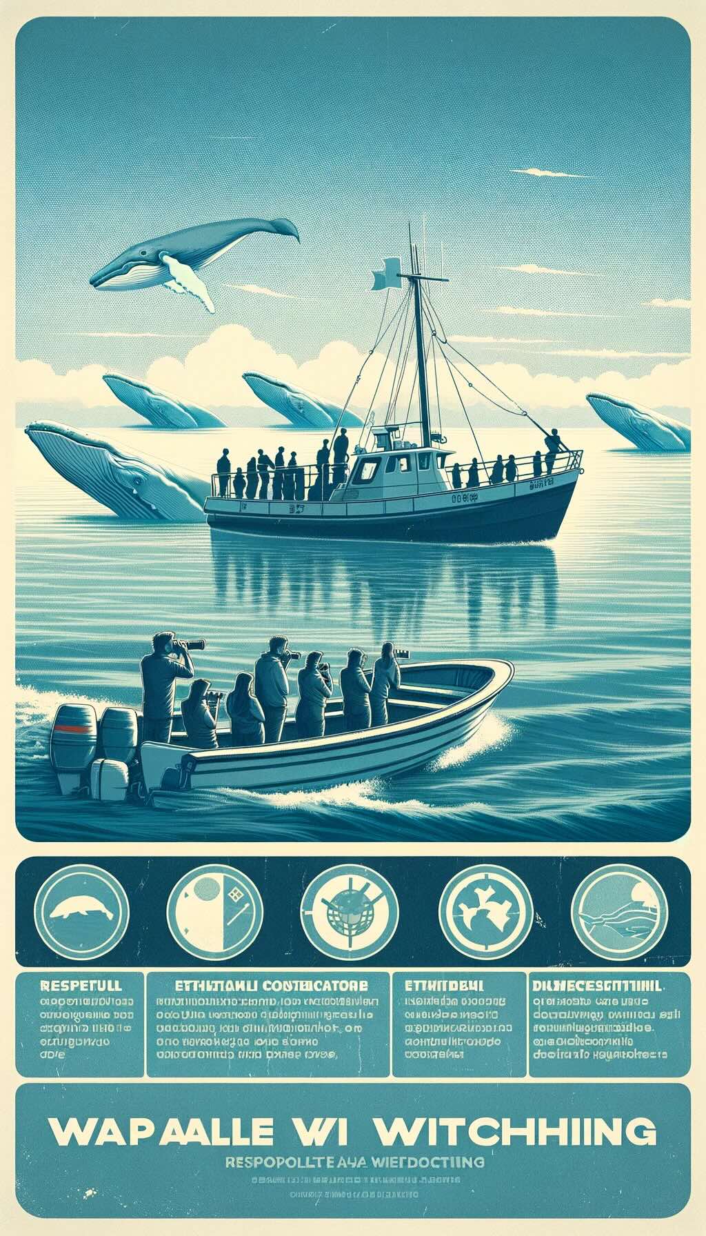 Responsible and ethical whale watching practices shows tourists on a whale watching boat, maintaining a respectful distance from the whales, with imagery reflecting a commitment to conservation.