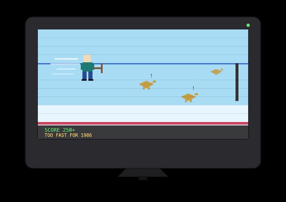 A retro 8-bit style illustration on a CRT monitor screen showing a fast pixel-art hockey skater streaking past three startled, slow-moving pixel ducks, with on-screen text reading "Too Fast for 1986" and "Score 250+".