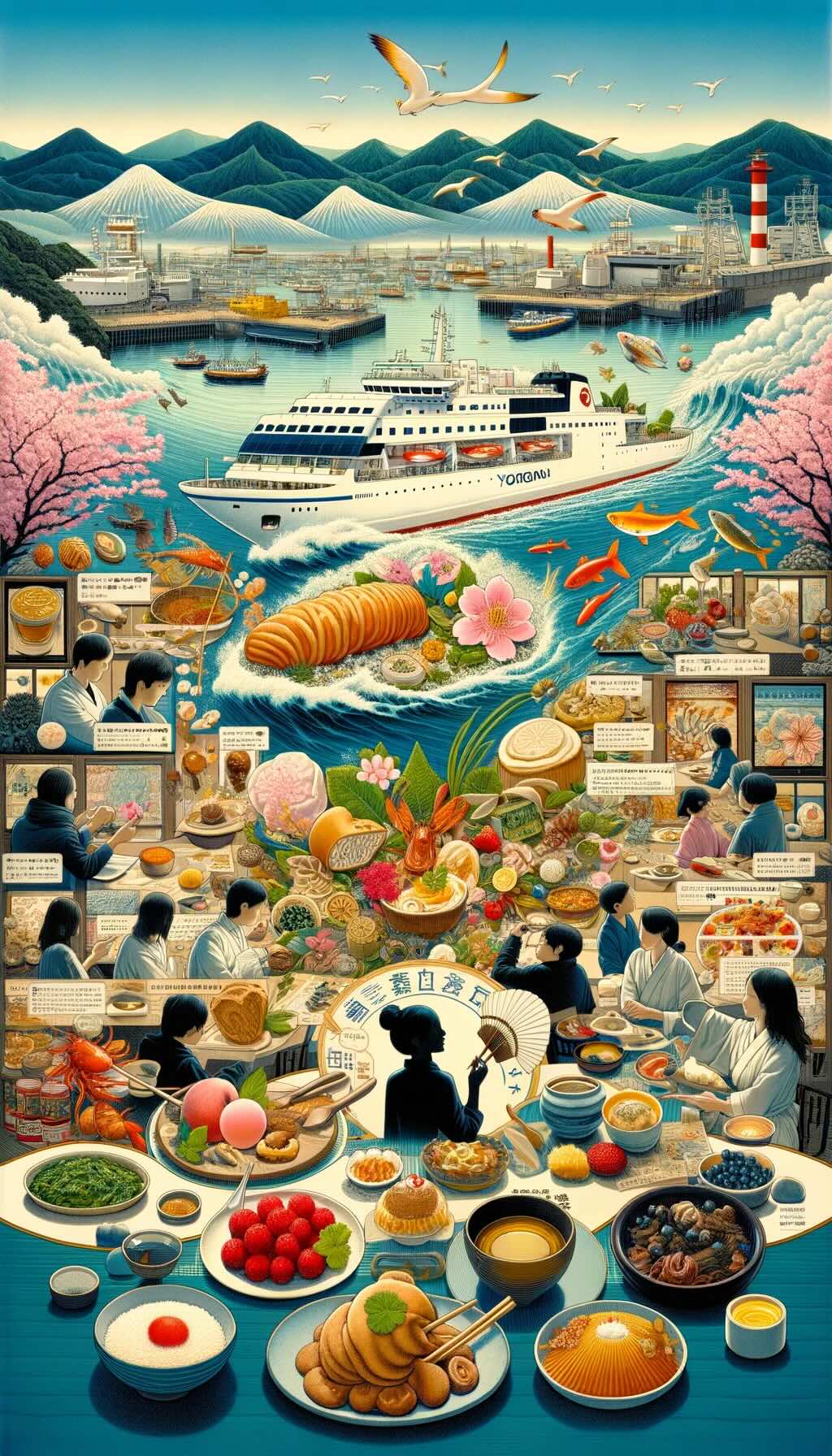 Rich culinary diversity offered on Japanese ferries, emphasizing the enjoyment of local flavors and seasonal specialties. It depicts passengers indulging in a variety of dishes that showcase local and seasonal ingredients, such as sakura-themed meals in spring or seafood delicacies from coastal regions. The collaborative effort between ferry operators, local producers, and chefs in curating these menus is highlighted, alongside scenes of travelers selecting food souvenirs, like Yokan or Shiroi Koibito cookies, from onboard shops. The excitement of taking home a piece of their journey is palpable. The artwork intertwines the beauty of Japan's landscapes with the gastronomic journey, using bold colors, dynamic compositions, and innovative shapes to illustrate how ferry dining is a gateway to experiencing the essence of the regions traversed, one bite at a time reflecting the fusion of tradition and modernity in Japanese ferry cuisine and the culture of omiyage. 