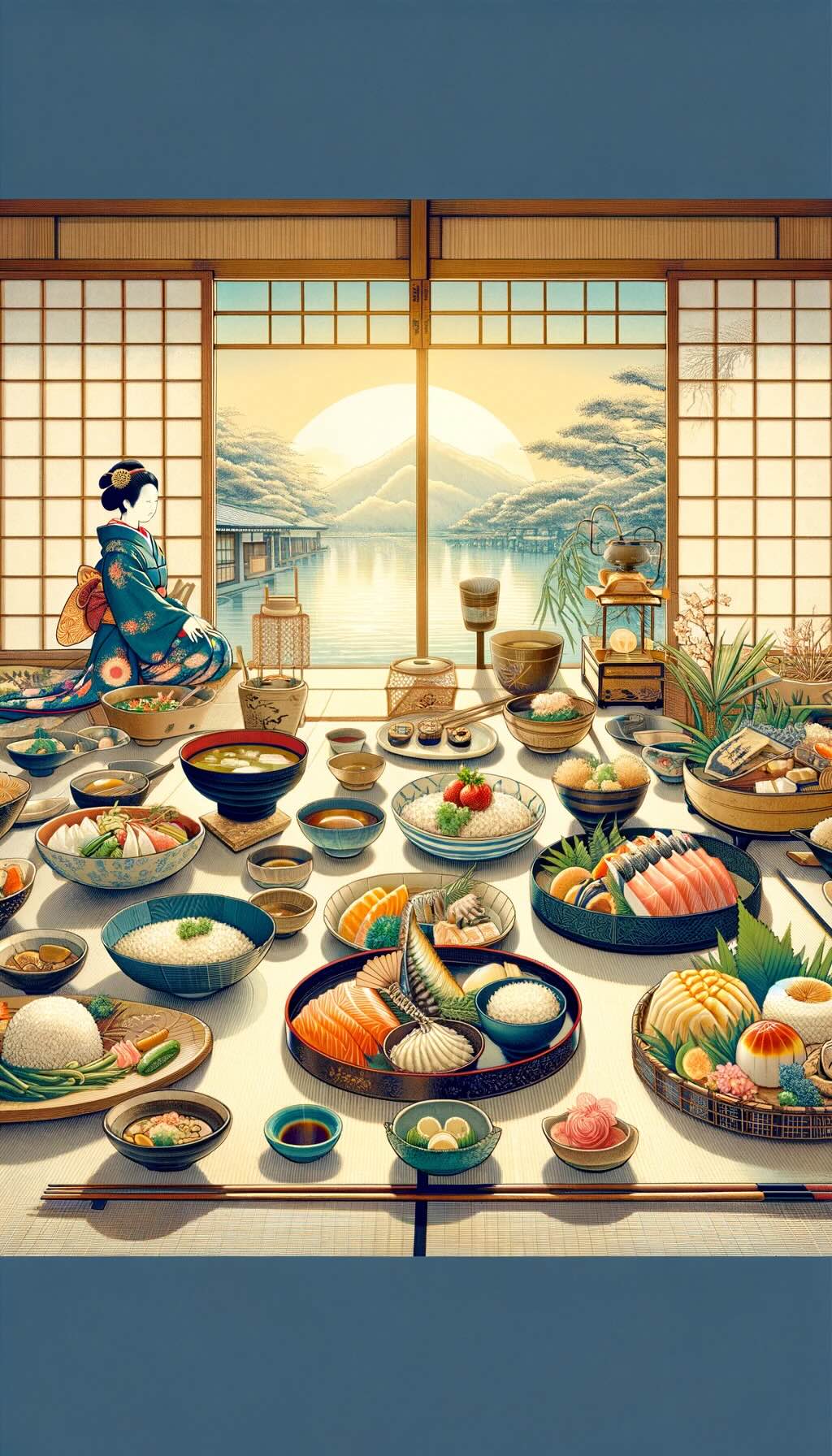 Rich culinary heritage of a traditional Japanese ryokan, highlighting both the elaborate kaiseki dinners and the hearty breakfasts. The image embodies the elegance and artistry of Japanese gastronomy, set in the serene ambiance of a ryokan