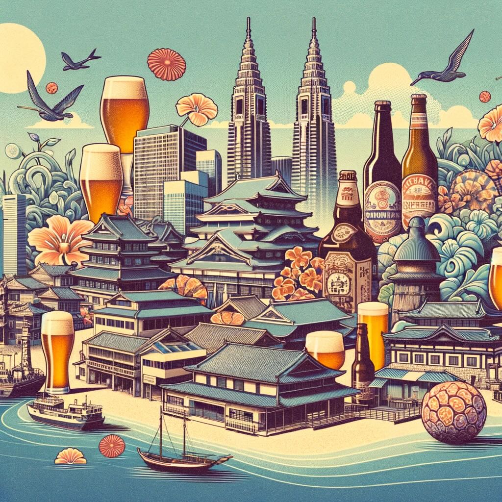 Rich diversity of Japan's craft beer scene, illustrating the unique beer cultures from regions like Yokohama, Osaka, Kyoto, and Okinawa.