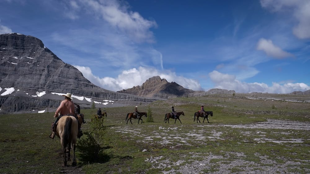 Grupo de jinetes, terreno abierto, Allenby Pass, Parque Nacional Banff, Alberta, Canadá Un grupo de jinetes a caballo cruza un terreno alpino abierto hacia Allenby Pass en el Parque Nacional Banff, Alberta, Canadá, en una travesía a caballo de backcountry.