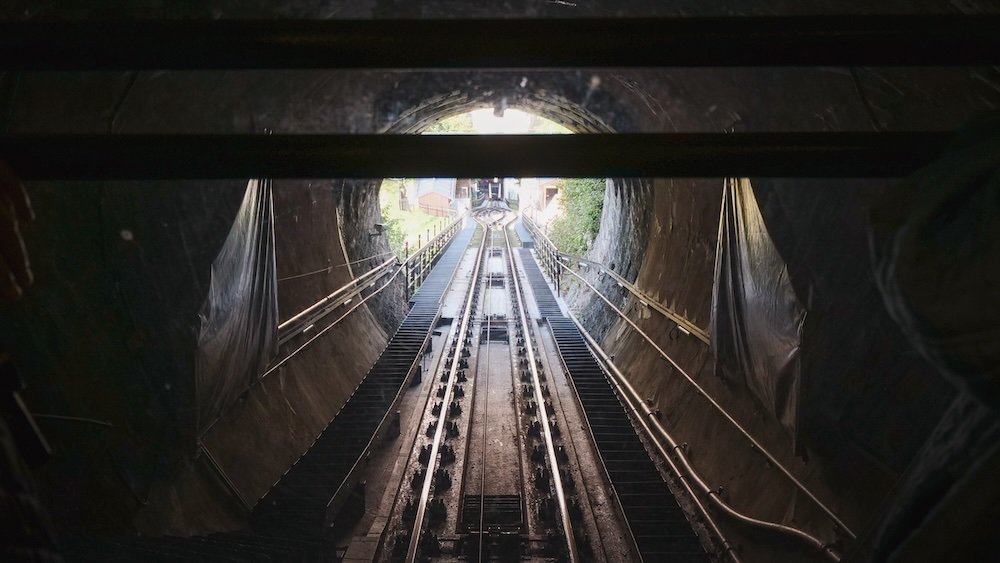 Riding the Festungsbahn funicular up to Hohensalzburg Fortress in Salzburg, Austria