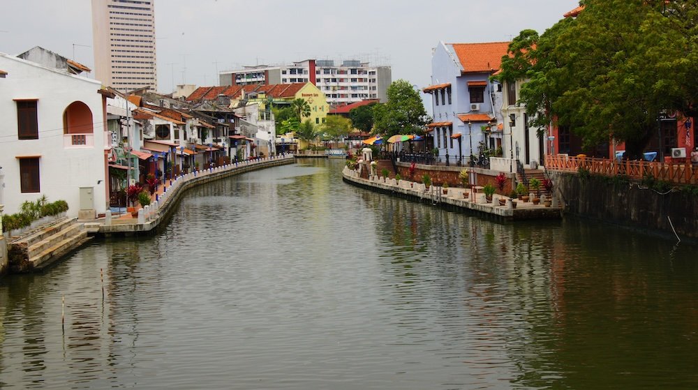 Riverside views of colonial buildings in Melaka Malacca, Malaysia 