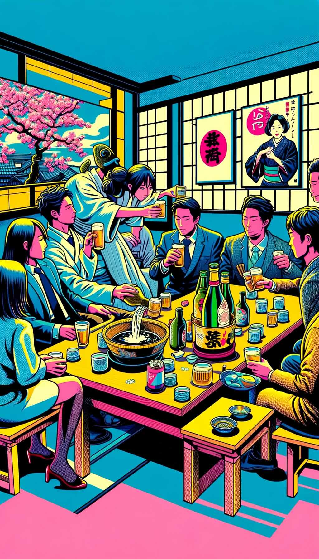 Role of alcohol in Japan's social life, the public perception of underage drinking, and the etiquette of drinking depicts scenes of nomikai, hanami with sake, and social gatherings with beer, sake, and shochu, highlighting alcohol as a facilitator of relationships and community. The societal disapproval of underage drinking and the strict enforcement of drinking laws are shown. Japanese drinking etiquette is illustrated, like waiting to say 'Kanpai', pouring drinks for others, and refilling glasses, emphasizing respect and camaraderie. The image conveys how drinking in Japan is a celebration of togetherness and respect.