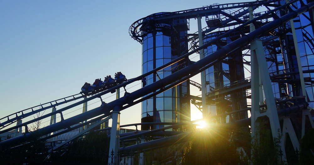 Roller-coaster ride during sunset at Europa Park in Rust, Germany