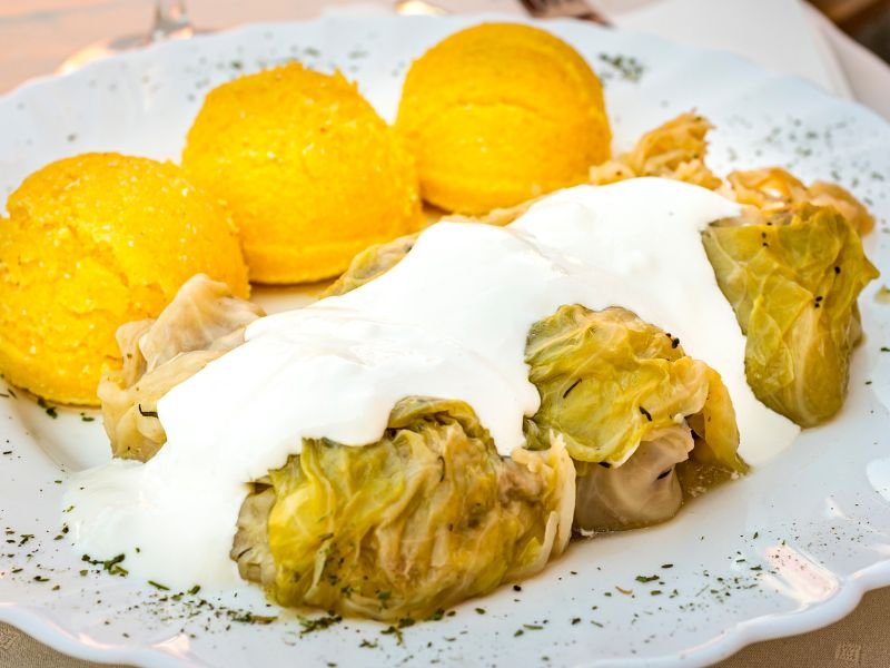 Romanian cuisine sarmale (cabbage rolls stuffed with minced meat and rice) and mămăligă (polenta) in Iasi, Romania