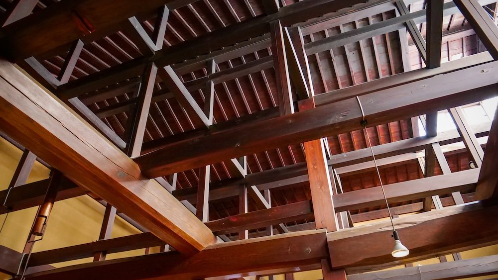 Roof and traditional beams overhead in Yoshijima Traditional House in Takayama, Japan