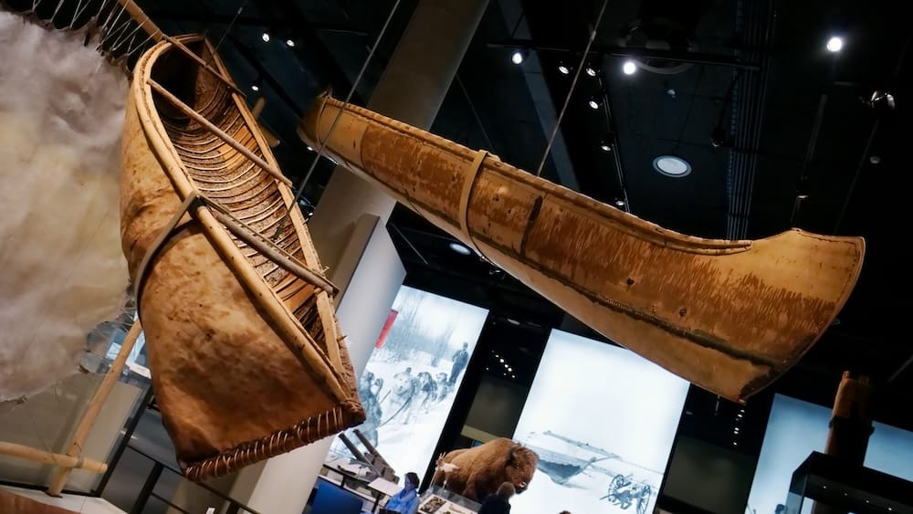 Traditional Canoes in the Royal Alberta Museum First Nations History Gallery, Edmonton, Alberta, Canada Traditional canoes suspended inside the Royal Alberta Museum in Edmonton, Alberta, Canada, above a First Nations history gallery with a bison display and large archival images in the background.