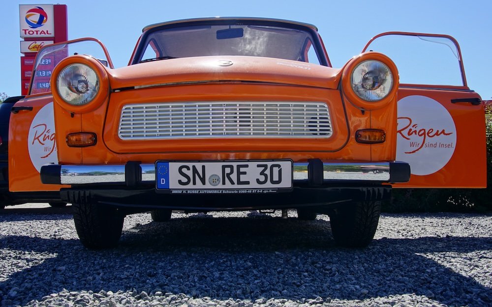 Rugen Island e-trabi trabant car with doors all open 