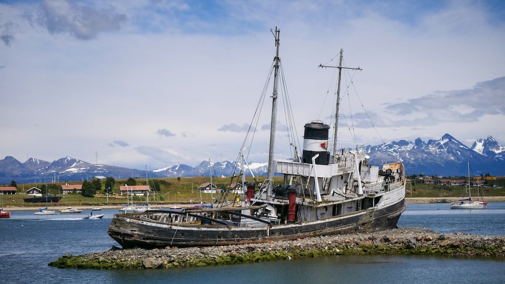 Saint Christopher once the HMS Justice of the Royal Navy in Ushuaia, Argentina