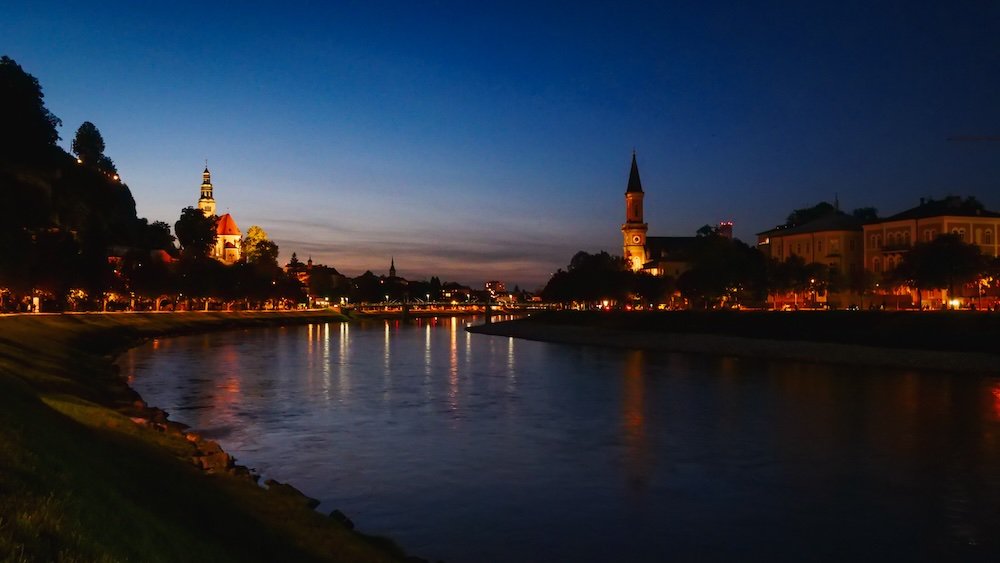 Salzburg at night historic town views in Austria 