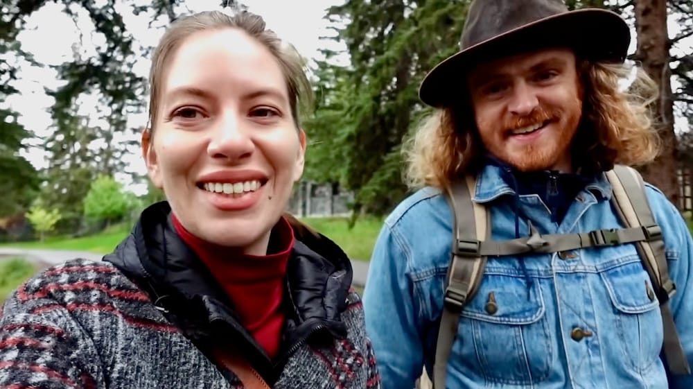 Samuel Jeffery and Audrey Bergner on the Bow River Trail, Banff, Alberta, Canada Samuel Jeffery and Audrey Bergner smile for a close-up photo while walking the Bow River Trail near Banff, Alberta, Canada, dressed for a cool-weather outing.