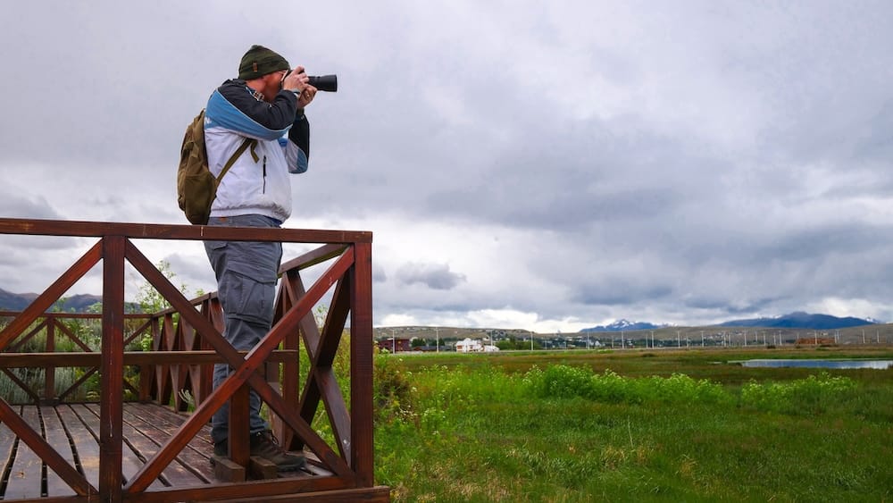 Photographing the Wetlands, El Calafate, Santa Cruz Province, Patagonia, Argentina — Samuel Jeffery Samuel Jeffery stands on a wooden boardwalk railing photographing wetlands on the edge of El Calafate, Santa Cruz Province, in Argentine Patagonia, with green marshland, a distant lake, and heavy cloud cover stretching toward the mountains.