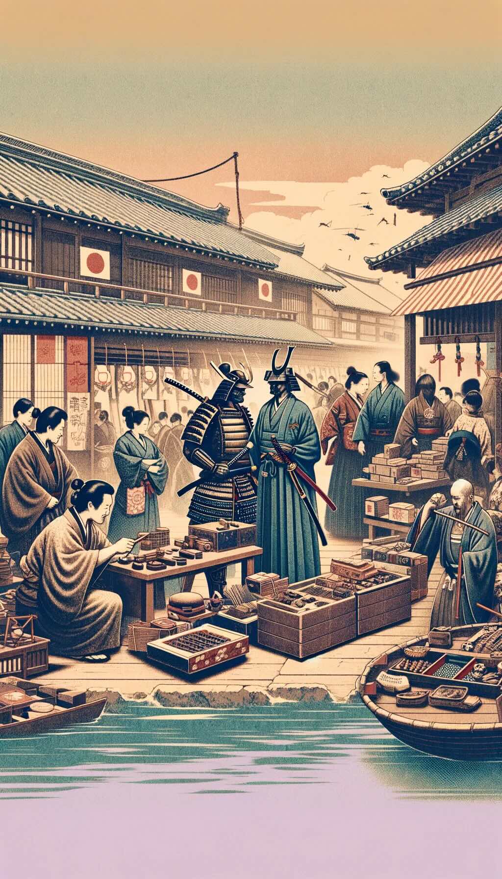 The samurai era and the rise of the merchant class, 'chonin', in feudal Japan. It depicts samurai warriors admiring traditional crafts, highlighting their appreciation for aesthetics and spiritual significance, alongside the bustling activities of the chonin in early marketplaces, signifying the transition from feudal to modern commercial practices in Japan