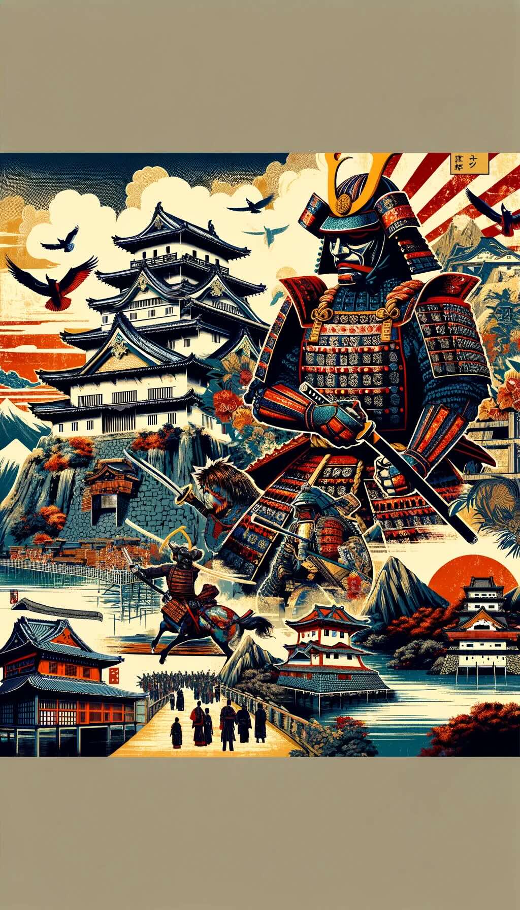 Samurai history and heritage in Japan vividly depicts key sites and symbols associated with the Samurai, including ancient castles, battlefields, traditional armor, and iconic locations, symbolizing the power, honor, and spirit of the Samurai era