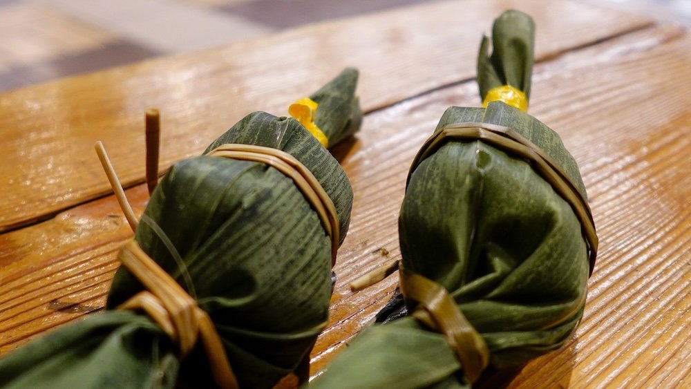 Sasa dango macro views of the traditional sweet wrapped in bamboo leaves in Yuzawa, Japan 