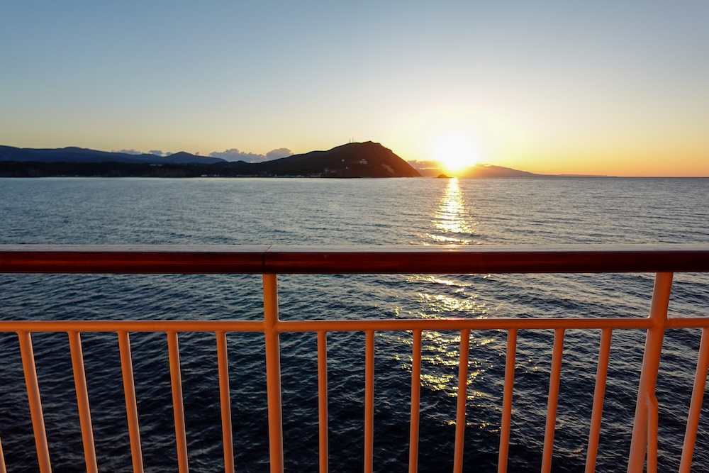 Scenic sunset views on board a Japanese ferry from Otaru to Niigata, Japan 