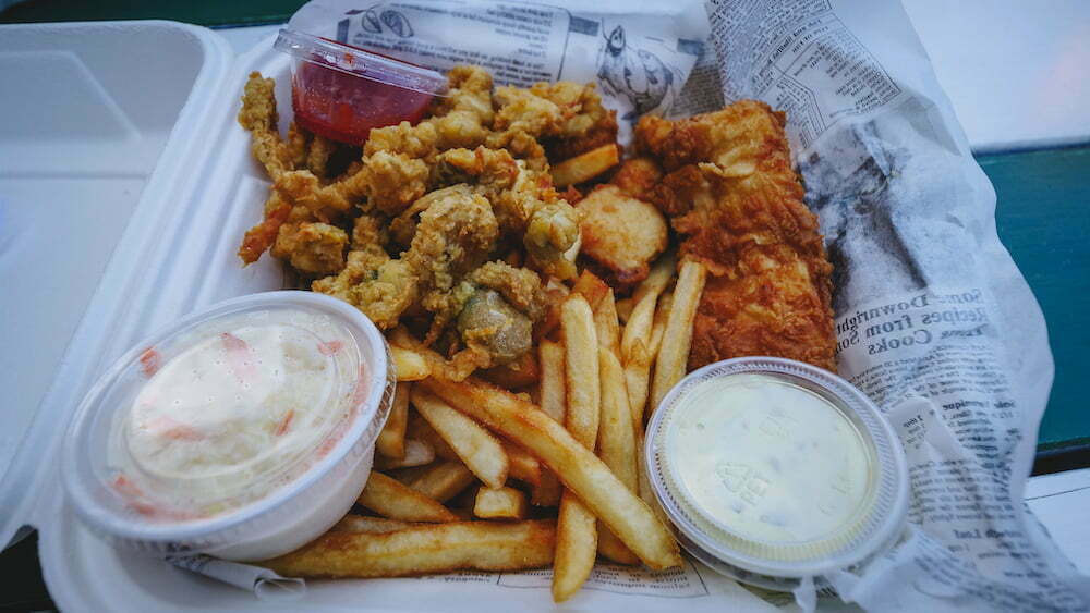 Seafood platter with fish and chips in Grand Manan, New Brunswick, Canada 
