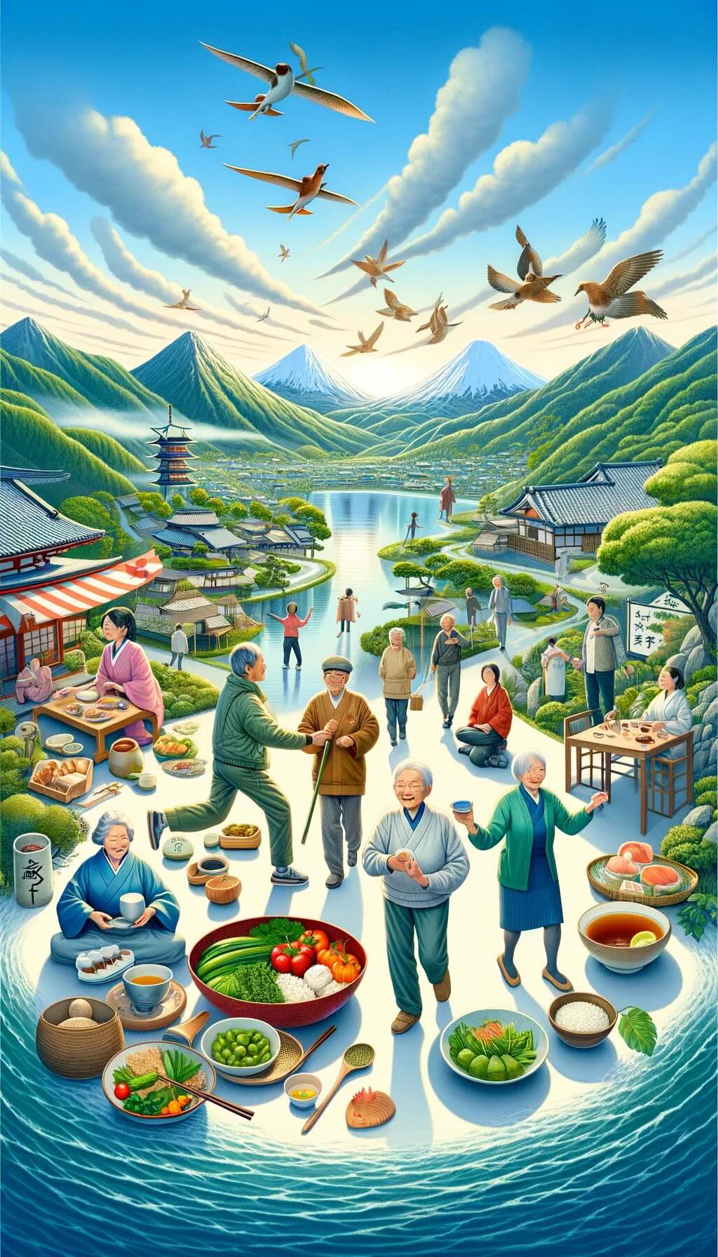 Secrets of Japan's longest-living locals, incorporating elements of their diet, active lifestyle, social engagement, harmony with nature, and traditional healthcare practices.
