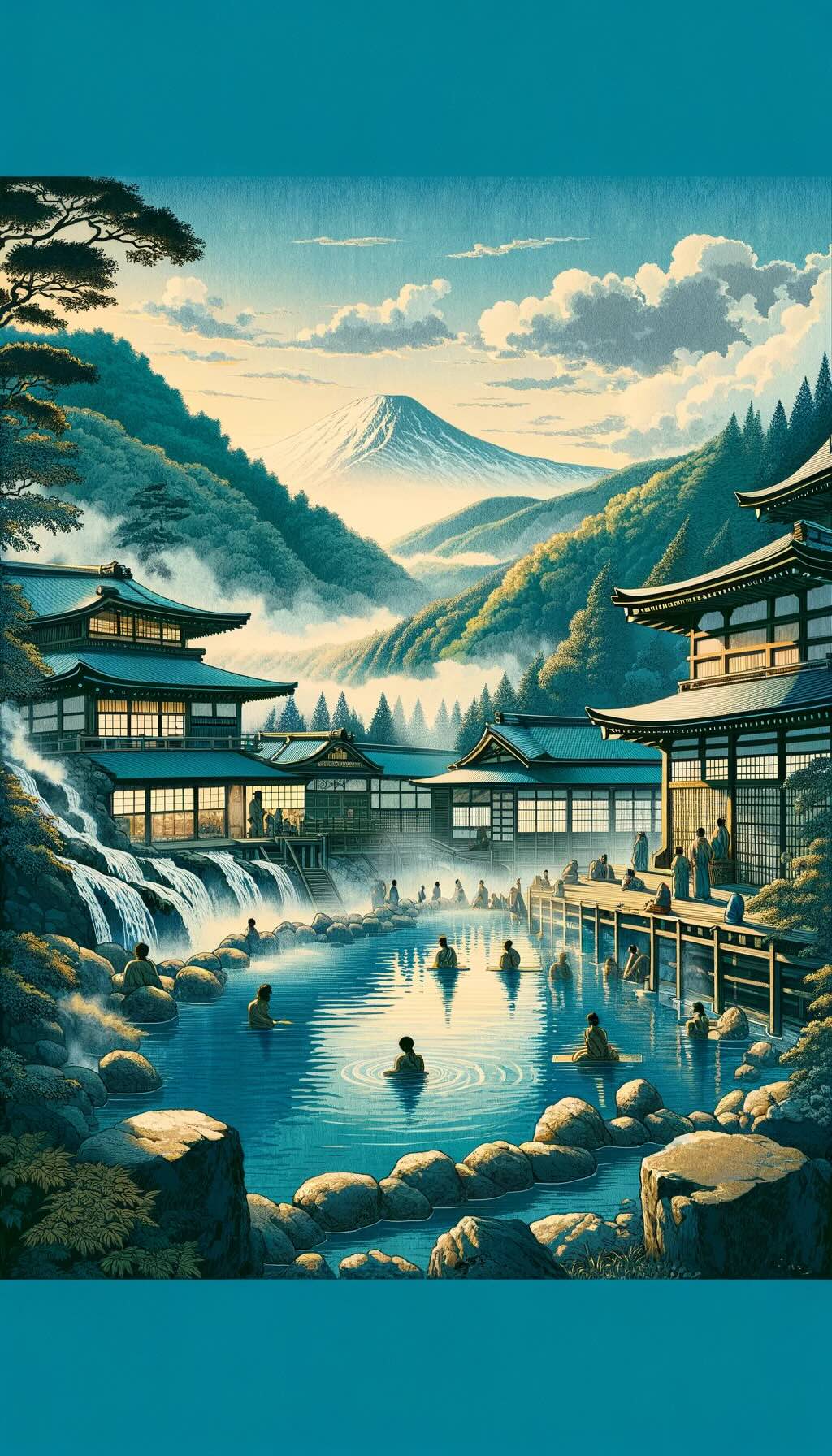 Serene and tranquil essence of the Onsen experience in Hitoyoshi depicts a peaceful and picturesque onsen setting, reflecting the unique charm and cultural significance of these natural hot springs in Japan