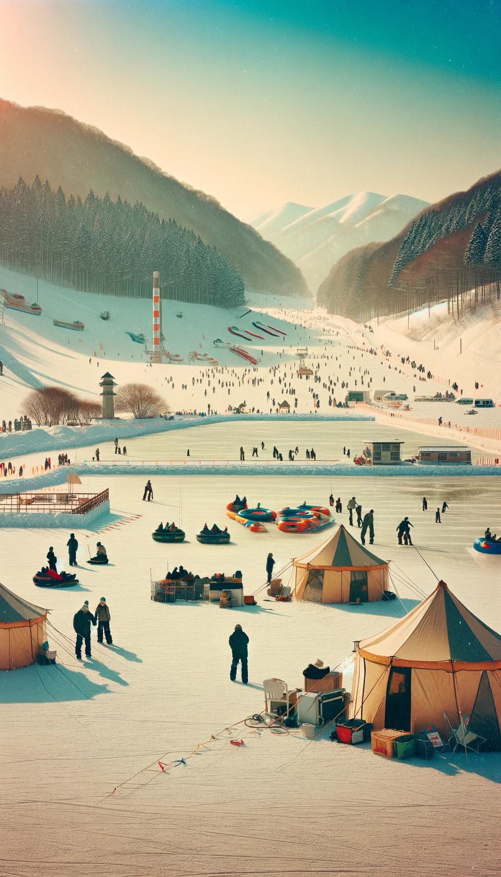 Serene winter scene in Nagano, Japan, showcasing a variety of winter activities including ice fishing, ice skating, and snow tubing.
