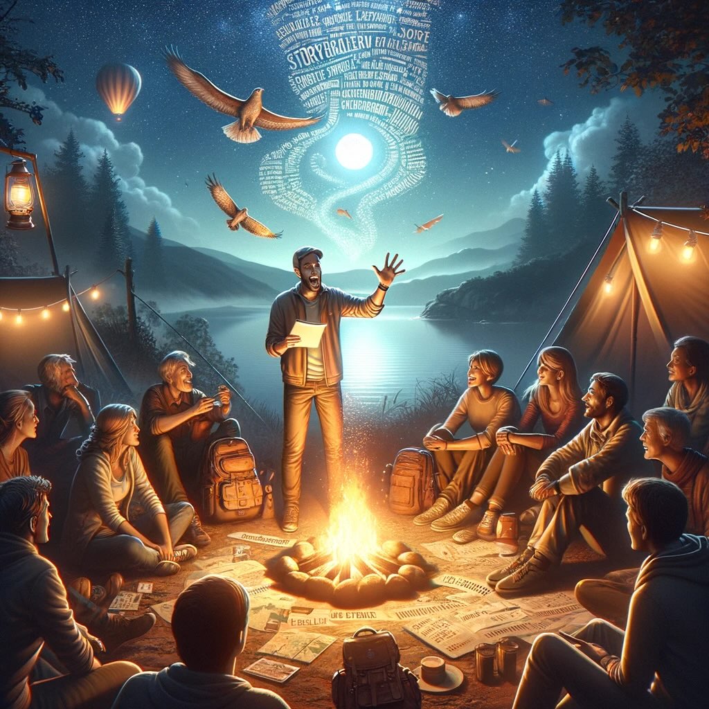Sharing engaging anecdotes within a travel guide. It depicts a storyteller sharing a memorable adventure with a captivated audience around a campfire, under a star-filled sky. This scene embodies the transformative power of storytelling in travel, highlighting how personal stories can connect people, convey the soul of a destination, and inspire wanderlust. 